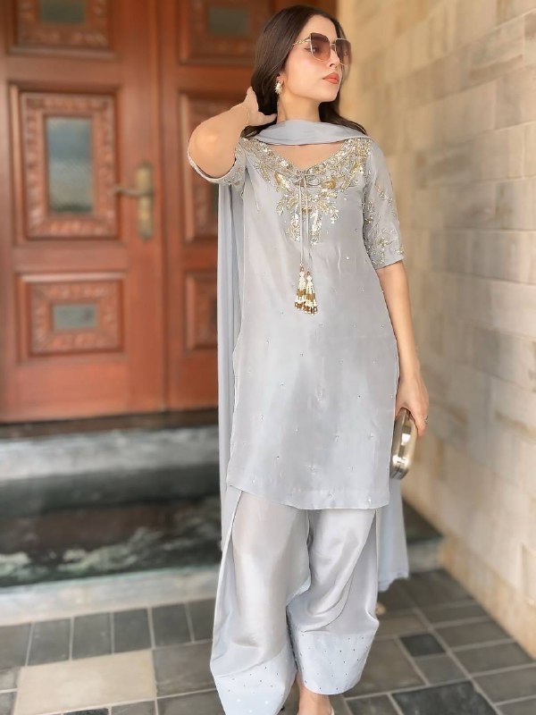 Grey Grace Ensemble Natural Crepe Designer Farshi Palazzo Set