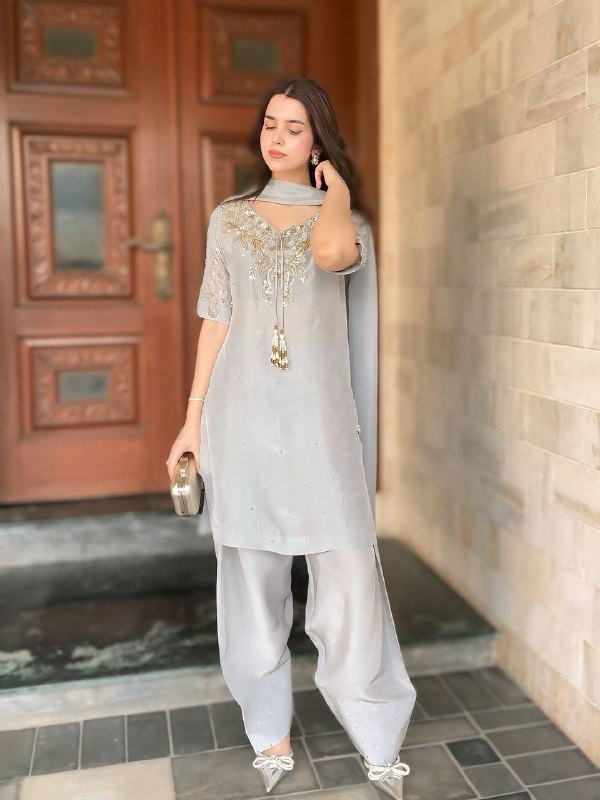 Grey Grace Ensemble Natural Crepe Designer Farshi Palazzo Set