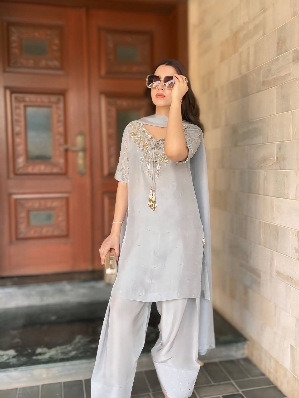 Grey Grace Ensemble Natural Crepe Designer Farshi Palazzo Set