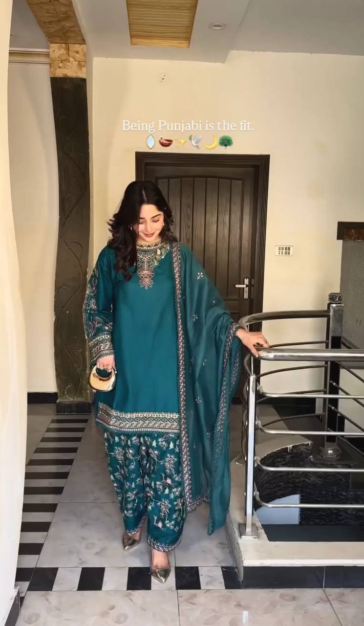 Phulkari Elegance Teal Green Embroidered Punjabi Suit Set