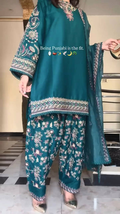 Phulkari Elegance Teal Green Embroidered Punjabi Suit Set