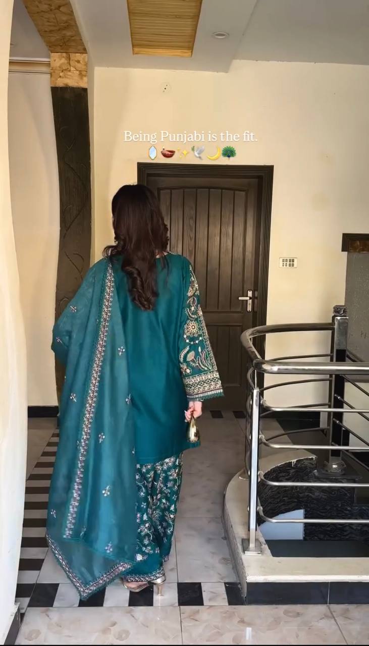 Phulkari Elegance Teal Green Embroidered Punjabi Suit Set