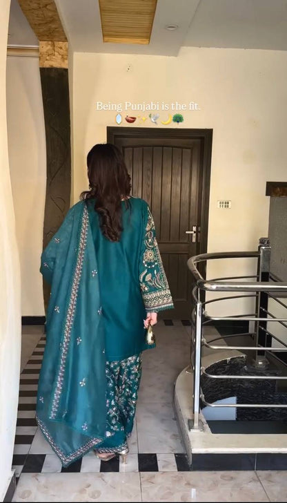 Phulkari Elegance Teal Green Embroidered Punjabi Suit Set