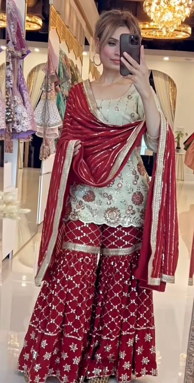 Tyaani Glamorous Heavy chinnon Silk Sharara Set