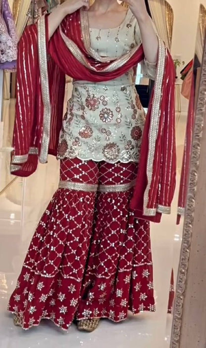 Tyaani Glamorous Heavy chinnon Silk Sharara Set