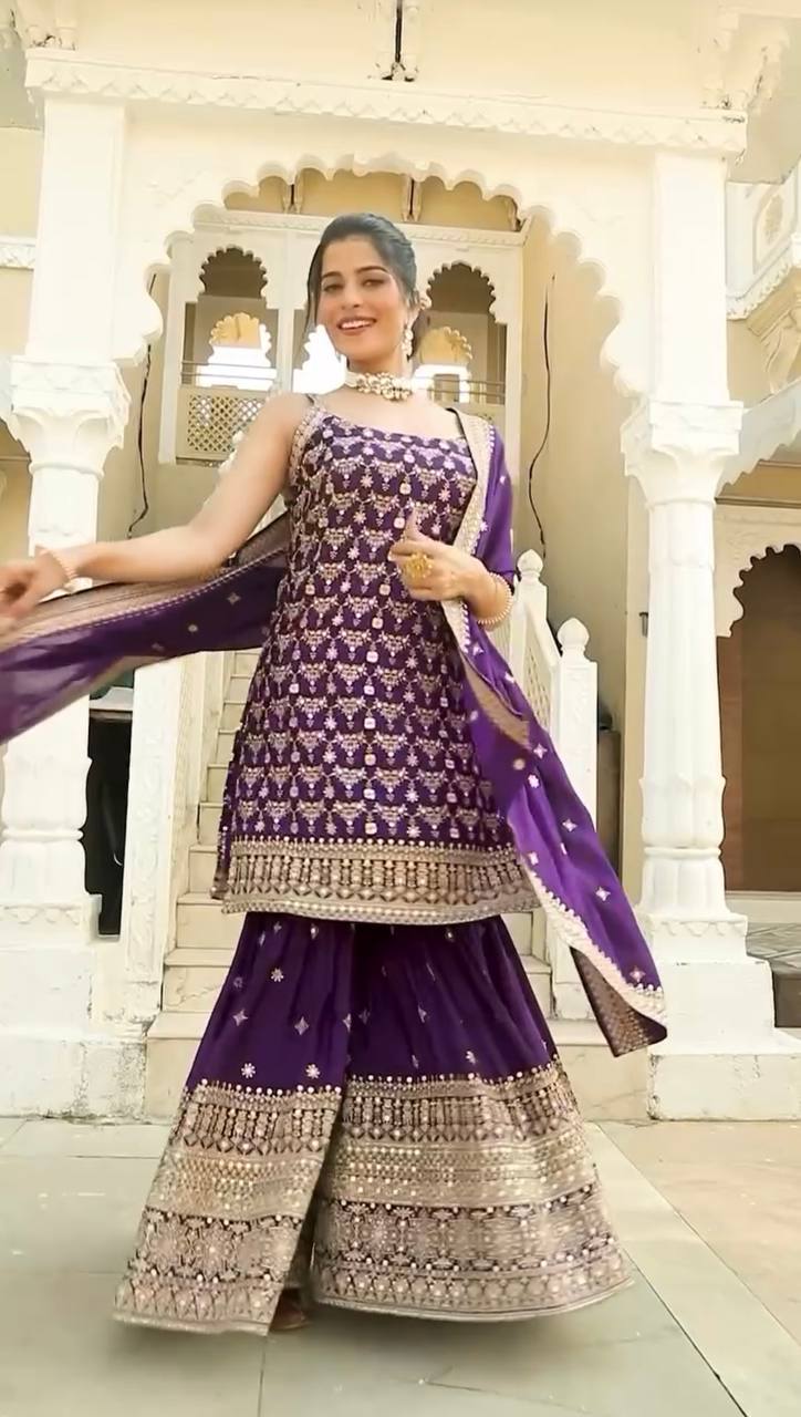Rani Noor Royal Purple Embroidered Sharara Ensemble