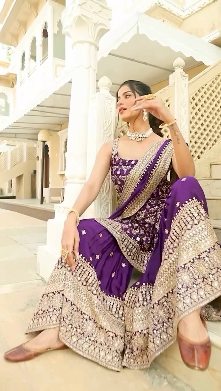 Rani Noor Royal Purple Embroidered Sharara Ensemble
