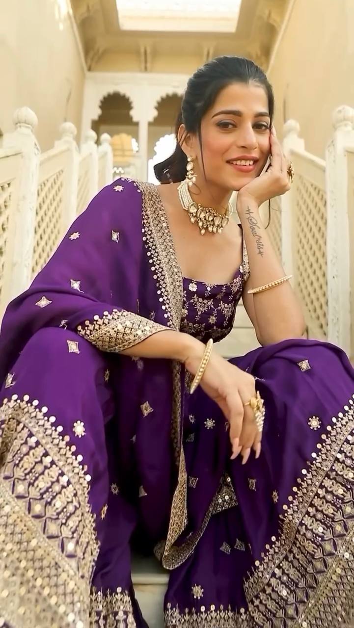 Rani Noor Royal Purple Embroidered Sharara Ensemble
