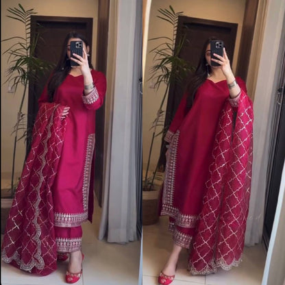 Meher Scarlet Shine Classic Handwork Suit