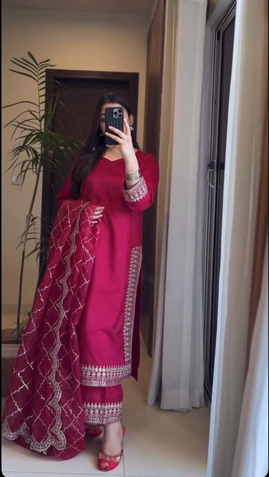 Meher Scarlet Shine Classic Handwork Suit