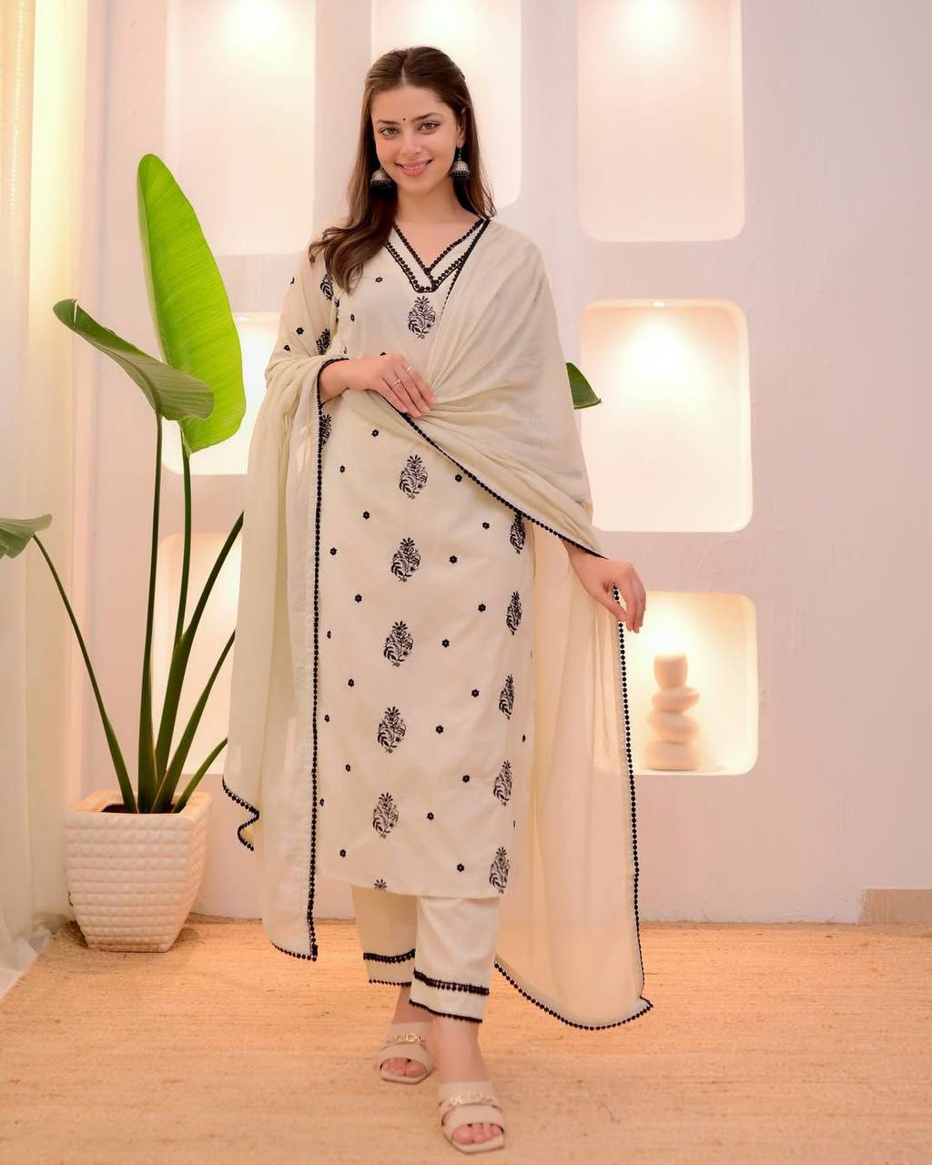Siya White Bloom  Sophisticated Contrast Suit