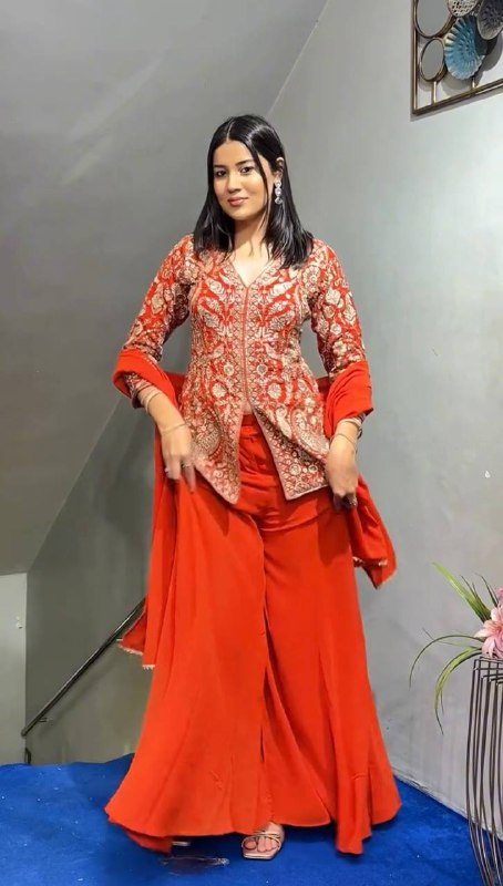 Falak Festive Faux Georgette Top Plazzo & Dupatta Set