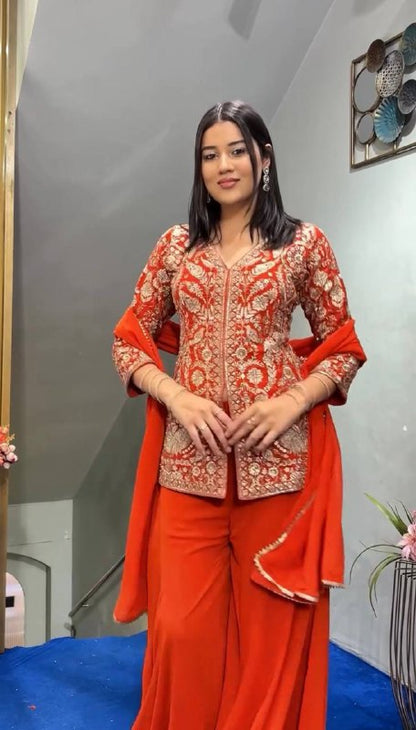 Falak Festive Faux Georgette Top Plazzo & Dupatta Set
