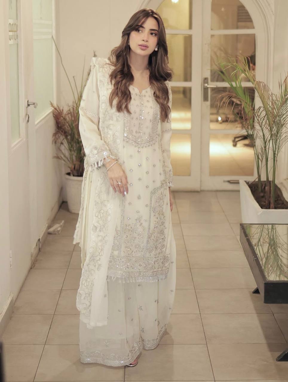 Ivory Mirror And  Sequin Embroidery White Plazo Set