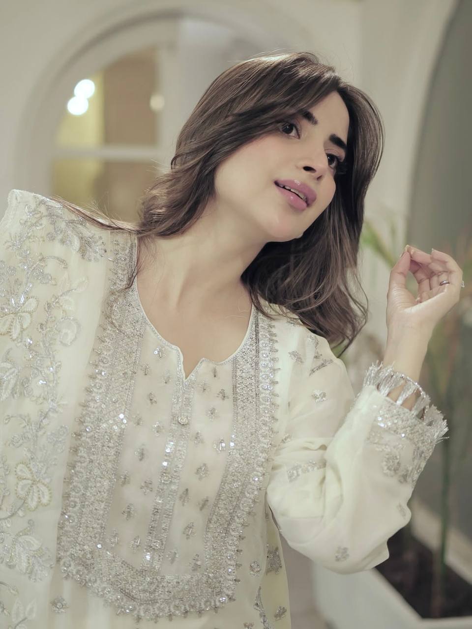 Ivory Mirror And  Sequin Embroidery White Plazo Set