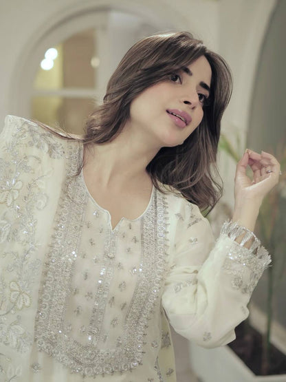 Ivory Mirror And  Sequin Embroidery White Plazo Set