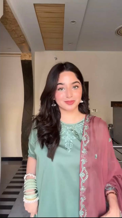 Inaya Blush Bloom Green Suit with Dusty Pink Dupata