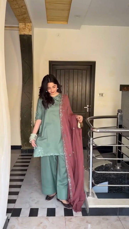 Inaya Blush Bloom Green Suit with Dusty Pink Dupata
