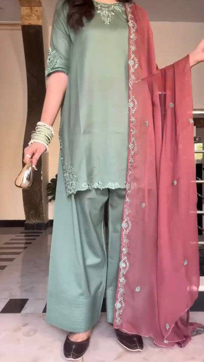 Inaya Blush Bloom Green Suit with Dusty Pink Dupata