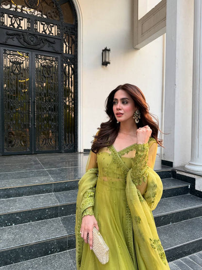 Lime Elegance Embroidered Net Kediya style Anarkali Set