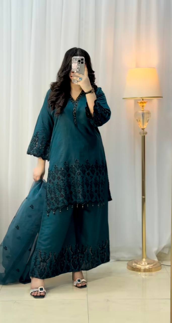 Teal Green Embroidered Kurta Plazo Set with Dupatta