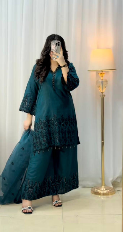 Teal Green Embroidered Kurta Plazo Set with Dupatta