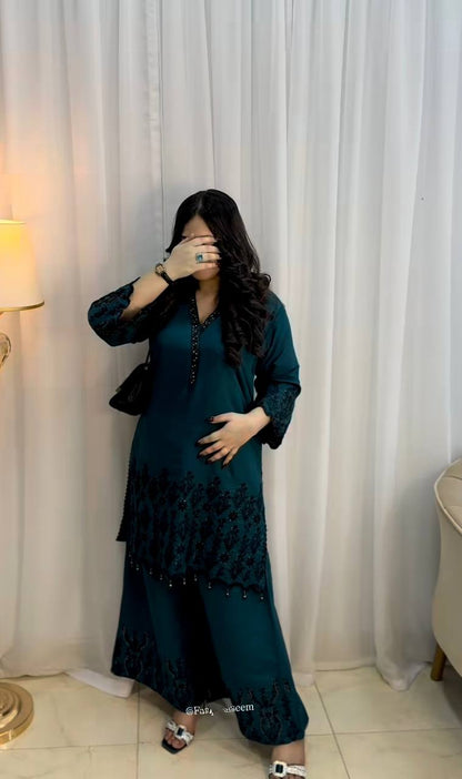 Teal Green Embroidered Kurta Plazo Set with Dupatta