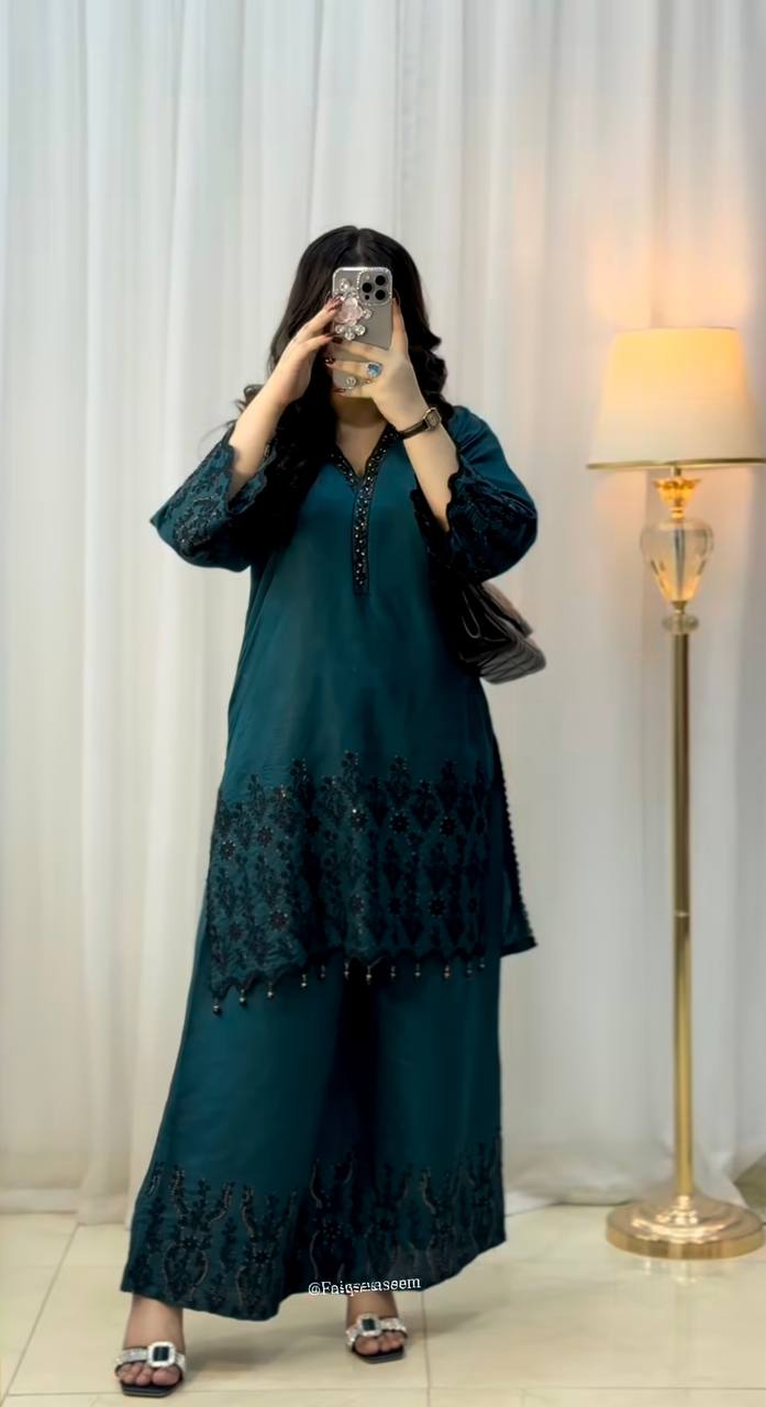 Teal Green Embroidered Kurta Plazo Set with Dupatta