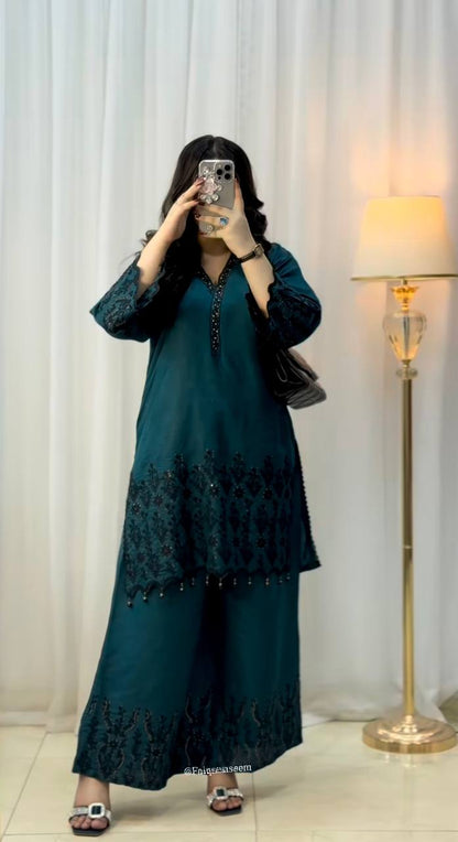 Teal Green Embroidered Kurta Plazo Set with Dupatta