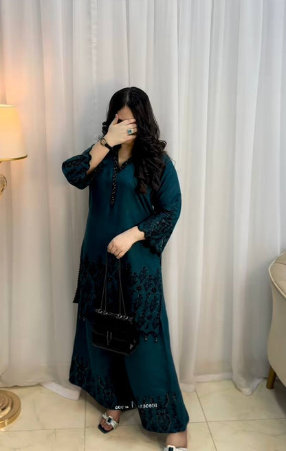 Teal Green Embroidered Kurta Plazo Set with Dupatta