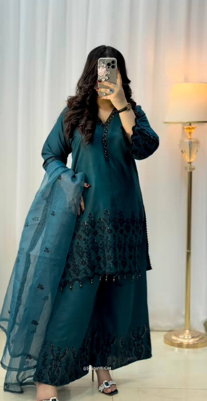 Teal Green Embroidered Kurta Plazo Set with Dupatta