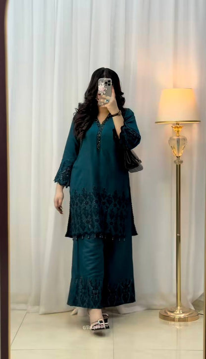 Teal Green Embroidered Kurta Plazo Set with Dupatta