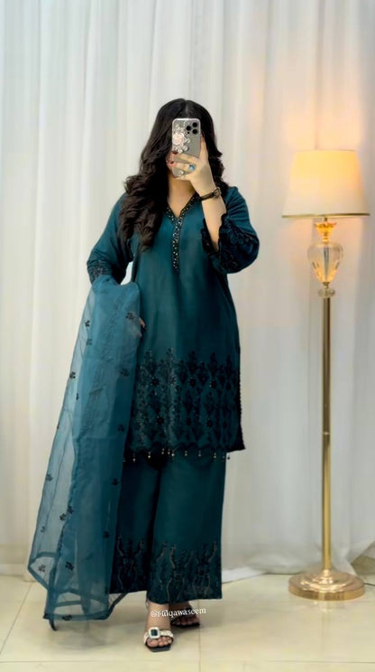 Teal Green Embroidered Kurta Plazo Set with Dupatta
