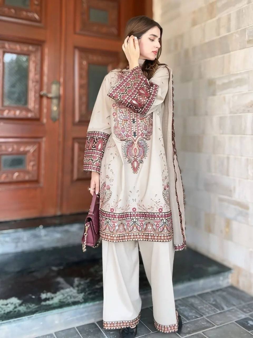 Miraan Ivory Mirror Embroidered Kurta Set with Palazzo & Dupatta