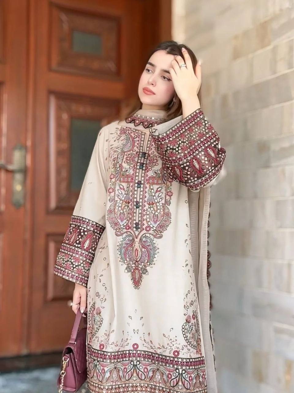 Miraan Ivory Mirror Embroidered Kurta Set with Palazzo & Dupatta