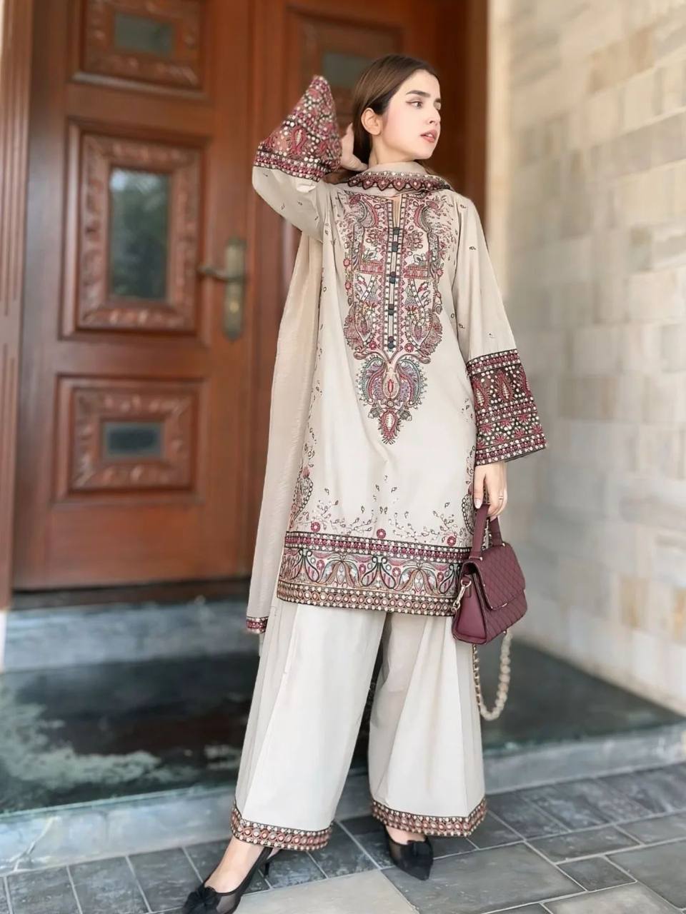 Miraan Ivory Mirror Embroidered Kurta Set with Palazzo & Dupatta