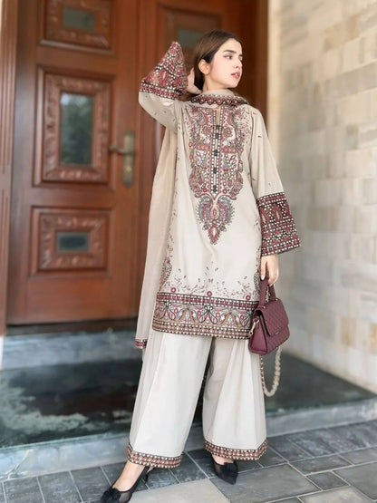 Miraan Ivory Mirror Embroidered Kurta Set with Palazzo & Dupatta