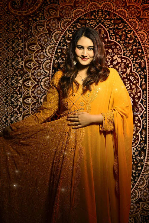 Sunlit Beautiful Mustard Mirror Magic Anarkali Suit Set