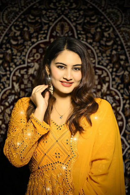 Sunlit Beautiful Mustard Mirror Magic Anarkali Suit Set
