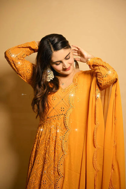 Sunlit Beautiful Mustard Mirror Magic Anarkali Suit Set