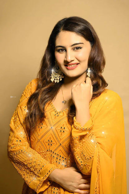 Sunlit Beautiful Mustard Mirror Magic Anarkali Suit Set
