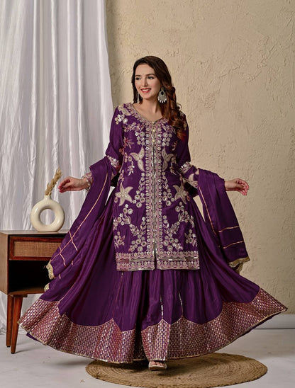Raangmala Purple Chinnon Silk Embroidered Sharara Set