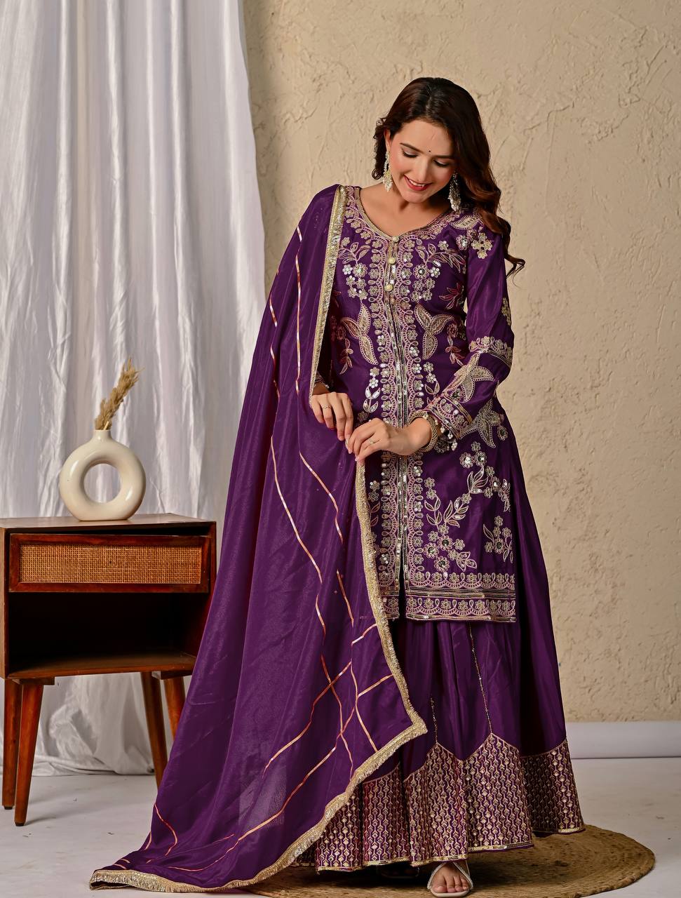 Raangmala Purple Chinnon Silk Embroidered Sharara Set