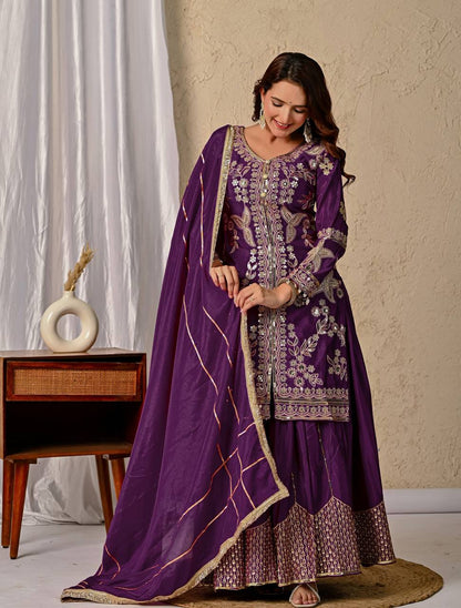 Raangmala Purple Chinnon Silk Embroidered Sharara Set