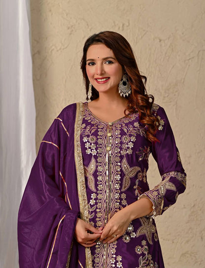 Raangmala Purple Chinnon Silk Embroidered Sharara Set