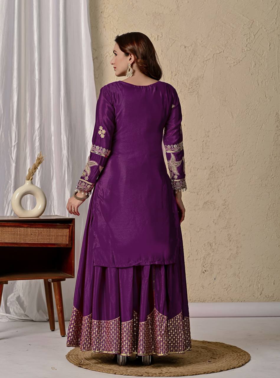 Raangmala Purple Chinnon Silk Embroidered Sharara Set