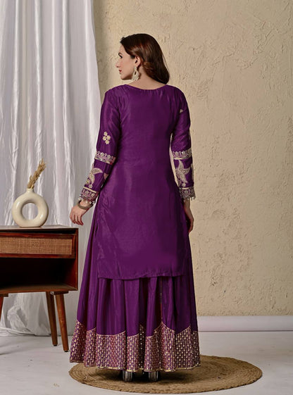 Raangmala Purple Chinnon Silk Embroidered Sharara Set
