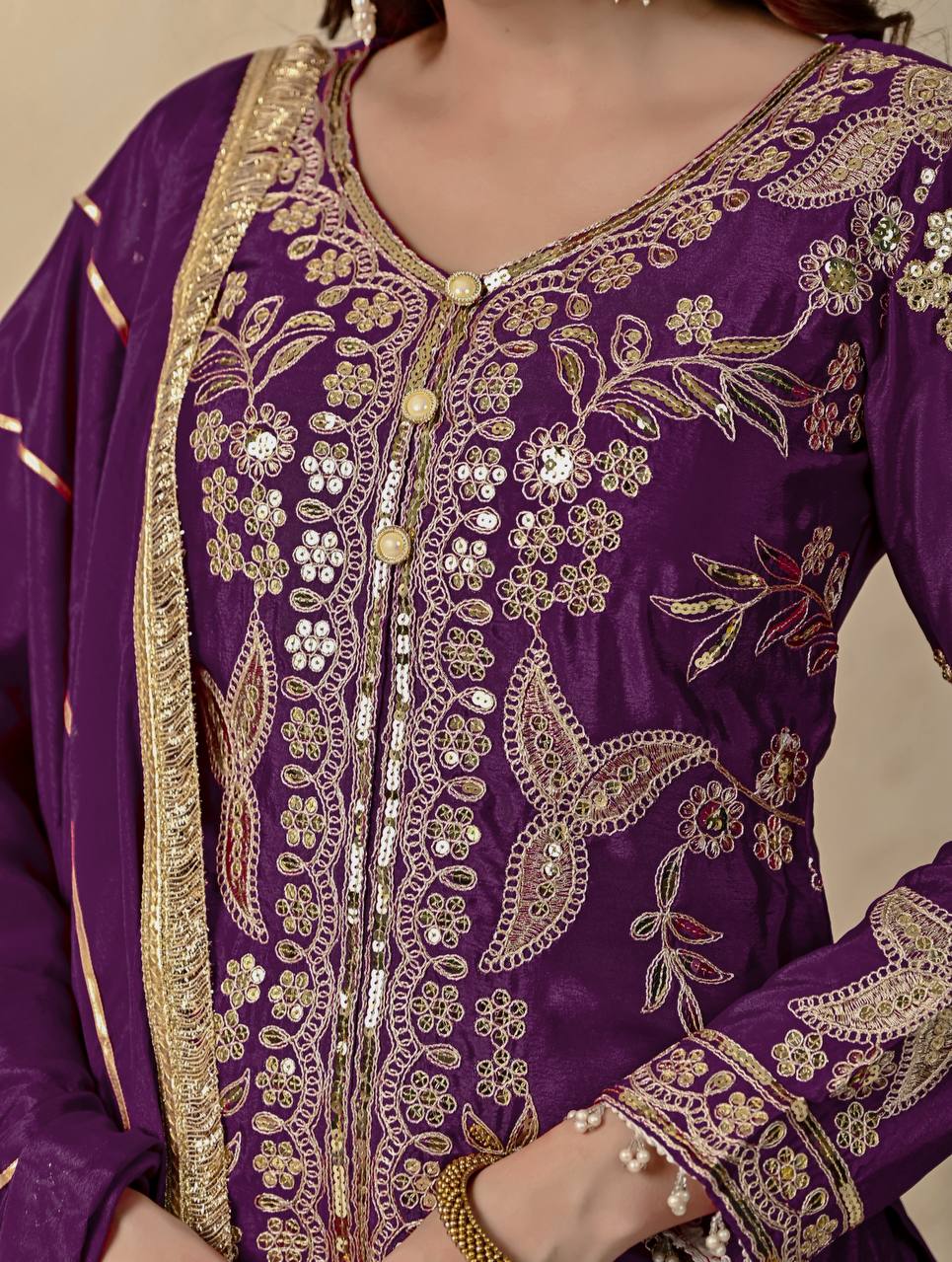 Raangmala Purple Chinnon Silk Embroidered Sharara Set