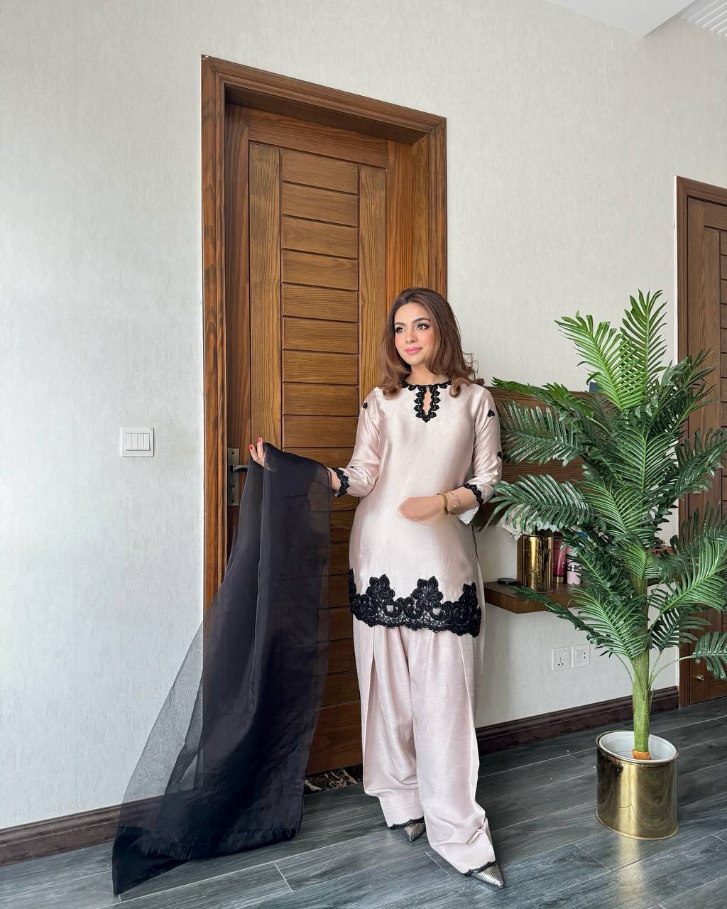 Blush Majesty Farsi Salwar Suit with Noir Hand Embroidery