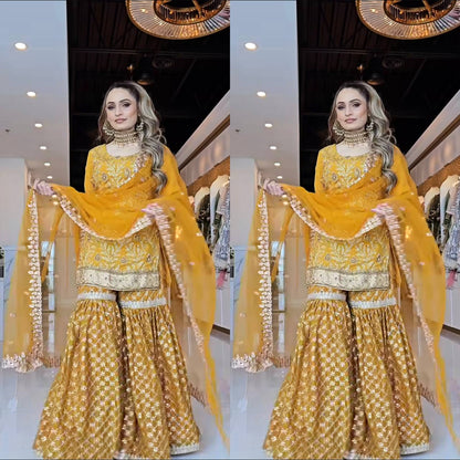 Zehra Mustard Yellow Heavy Embroidered Sharara Set